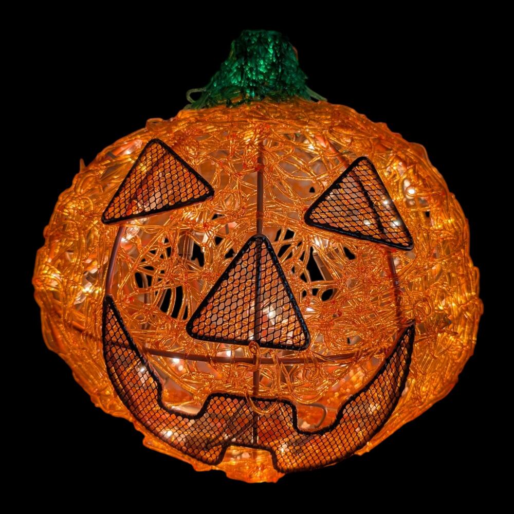 Vintage 12” Halloween Spun Spaghetti Plastic Pumpkin Jack O Lantern